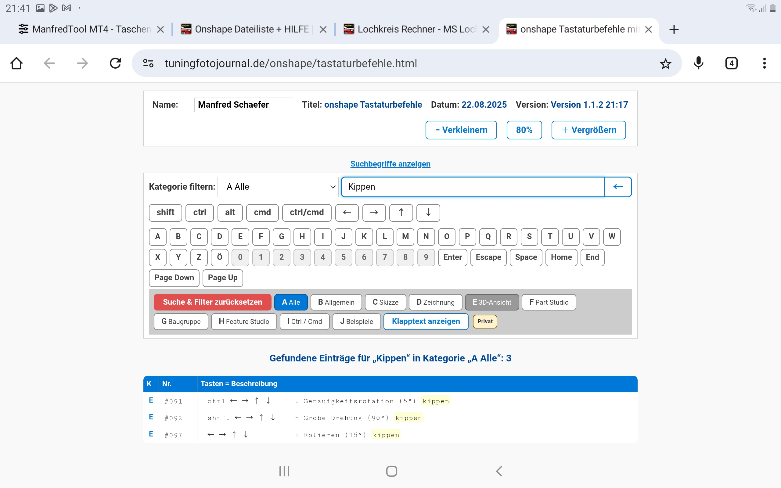 Onshape Tastaturbefehle Screenshot 22082025